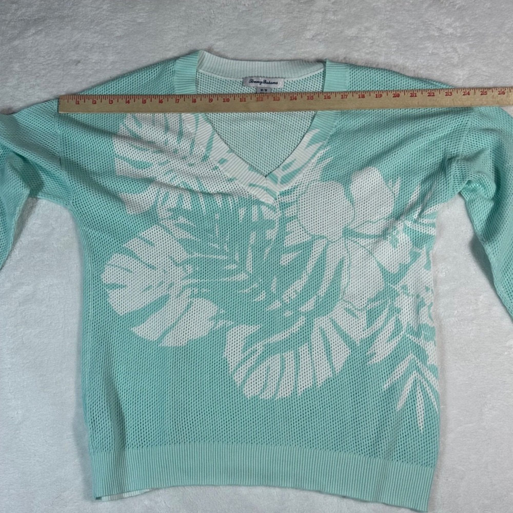 Tommy Bahama Sweater Women Medium Aqua Tropical Leaf Print V-Neck Cotton Knit - Picture 5 of 8